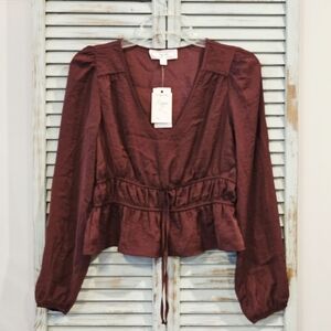 HIPPIE ROSE CROPPED PEASANT TOP Juniors S Iced Plum Boho Fall Woven Blouse BNWT